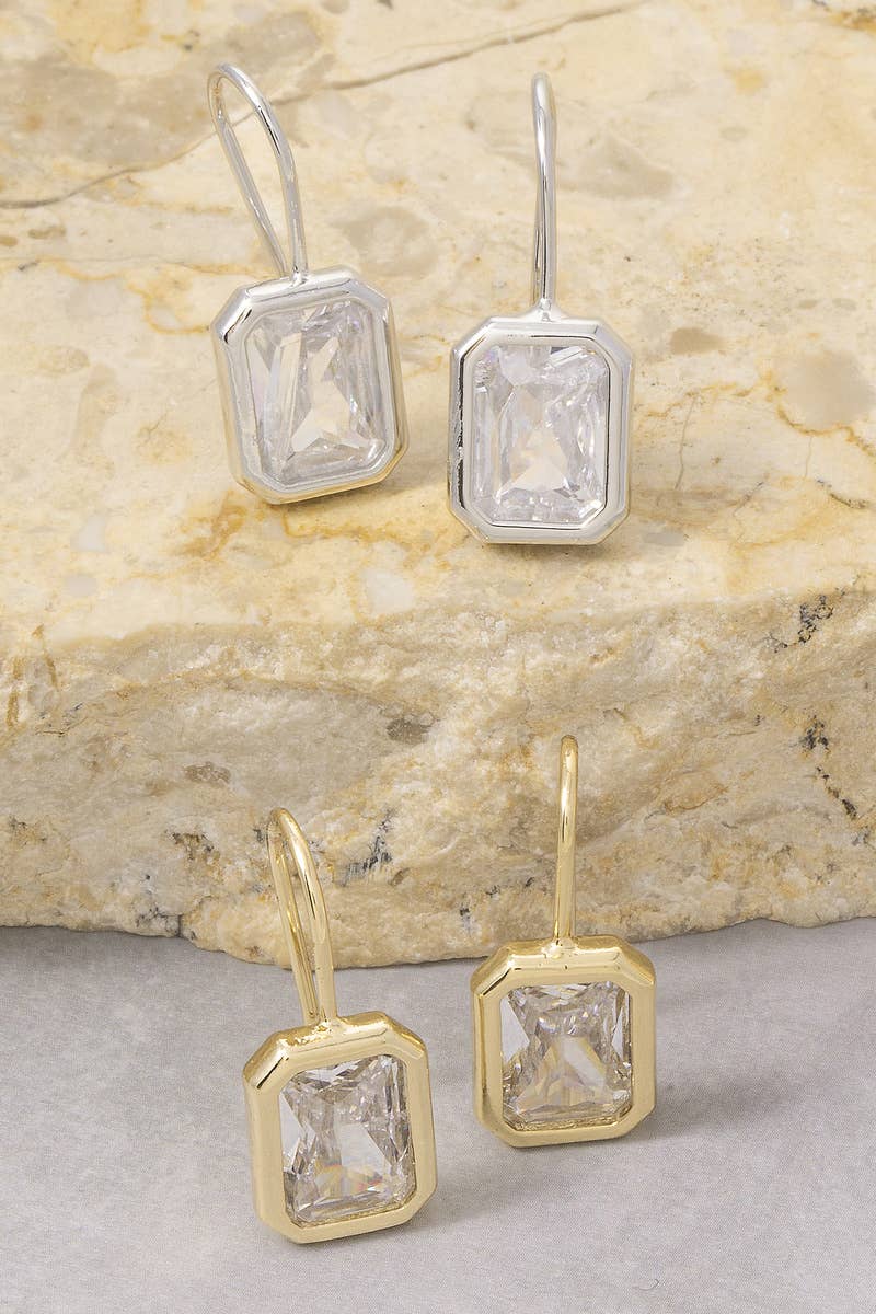 The Looks by Fame Accessories - Gold Dipped Emerald Cut Bezel Cz Wire Drop Earrings: 2SILVER