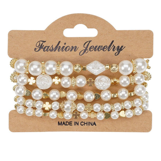 NINEXIS - CWAJE05689_BOHO MULTI LAYER FAUX PEARL BEADED BRACELET: Beige / (OS) 1
