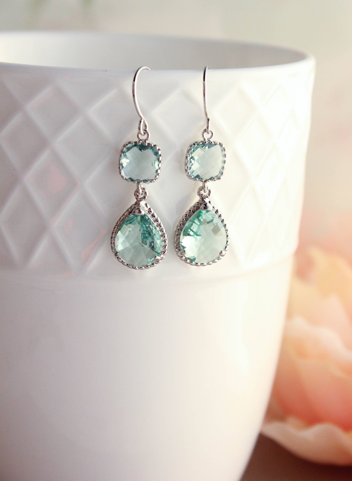 A Pocket of Posies - Aqua Erinite Glass Dangle Earrings - Two Jewel Teardrop