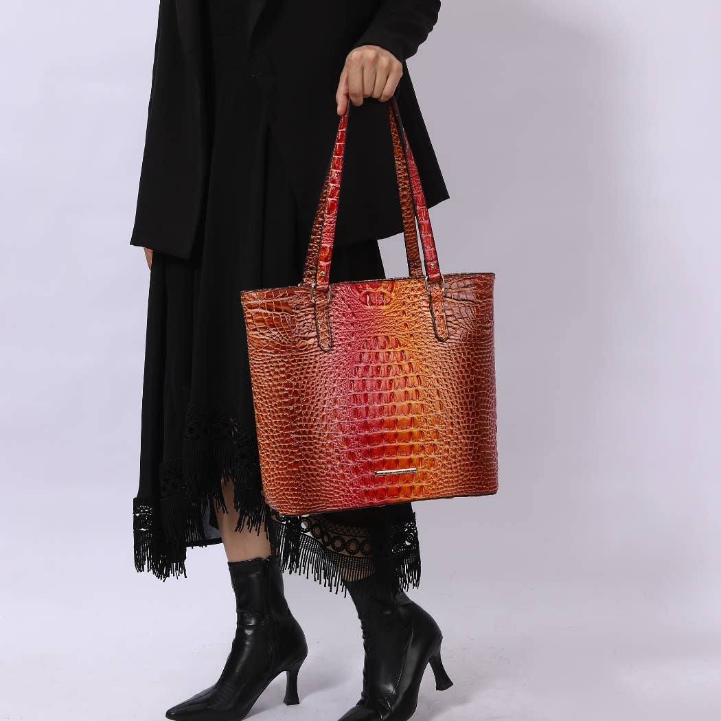 MKF Collection - MKF Piper Gradient Rainbow Embossed Tote Bag & Wallet: Coral