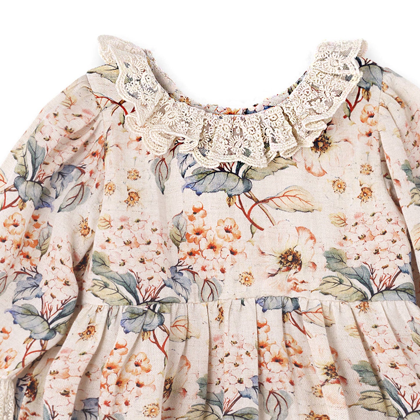 Tesa Babe - Vintage Floral Baby Girl Romper – Lace Ruffles - Linen Blend: 9-12M