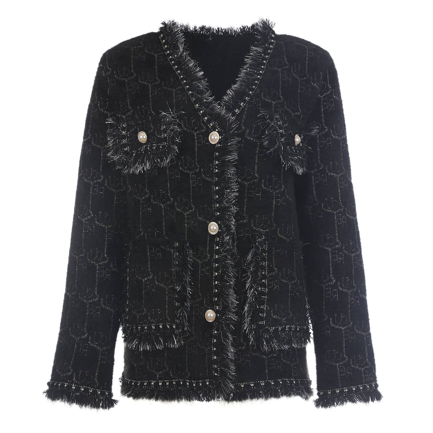 PEACH ACCESSORIES -  Elegance Bouclé Cardigan with Pearl Accents SD190: Black