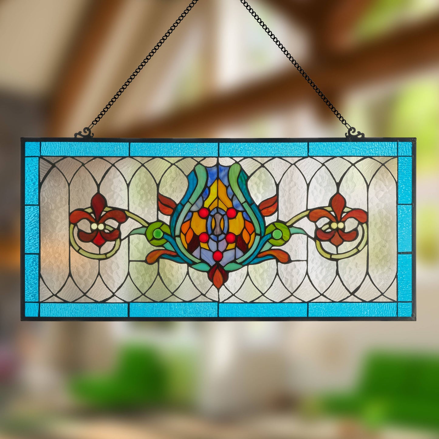 River of Goods - 30"L Fleur De Lis Victorian Stained Glass Pub Window Panel: Amber