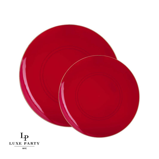 Luxe Party - Red • Gold Round Plastic Plates | 10 Pack: 10 Plastic Plates / 7.25" Appetizer Plates