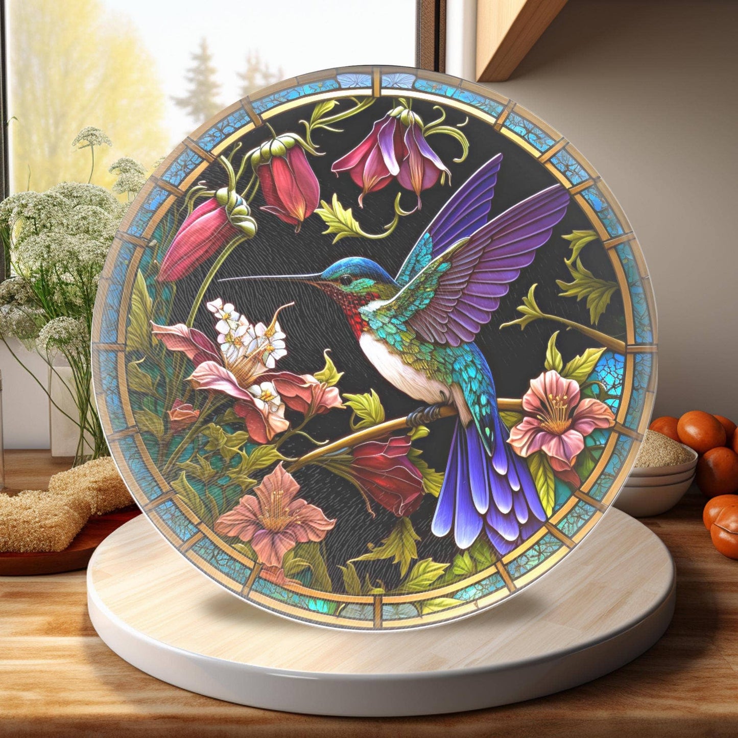 Fernville Creations - Hummingbird Tempered Glass Cutting & Charcuterie Board: 12 Inch