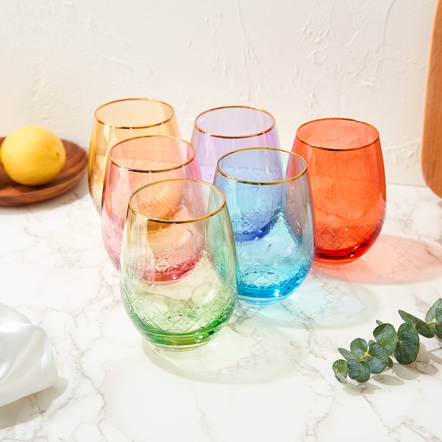 The Wine Savant /  Khen Glassware - Art Deco Colored Crystal Stemless Wine Glass Set of 6, 15 oz