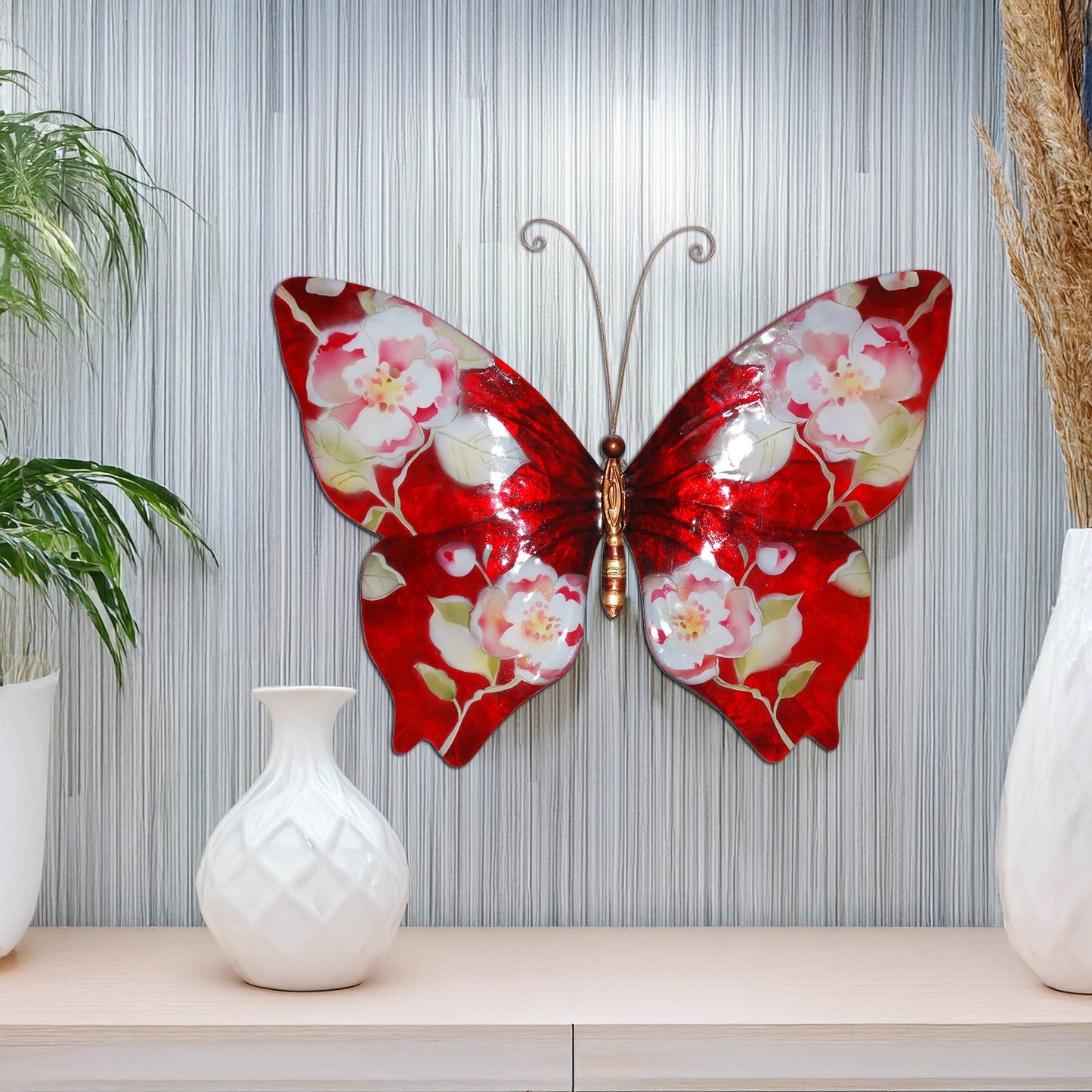 Eangee Home Design - Butterfly Wall Decor Red With Flowers, w/ Capiz-Outdoor Safe