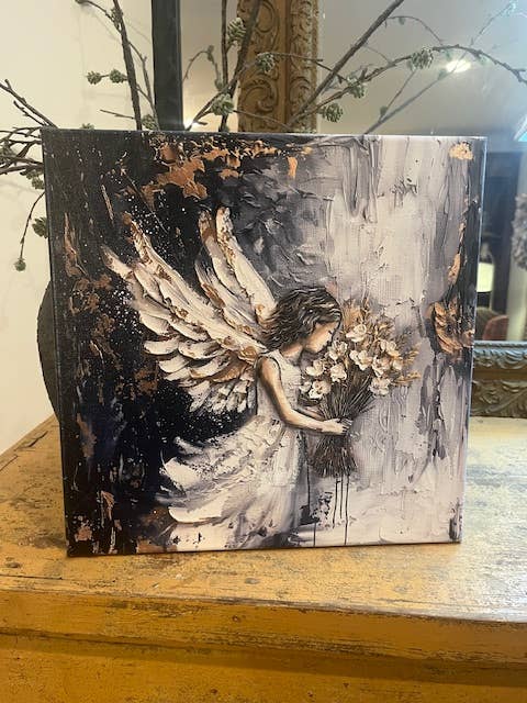 Rustic Nester - Christian home decor Canvas art print, Angel painting wall : 14x14