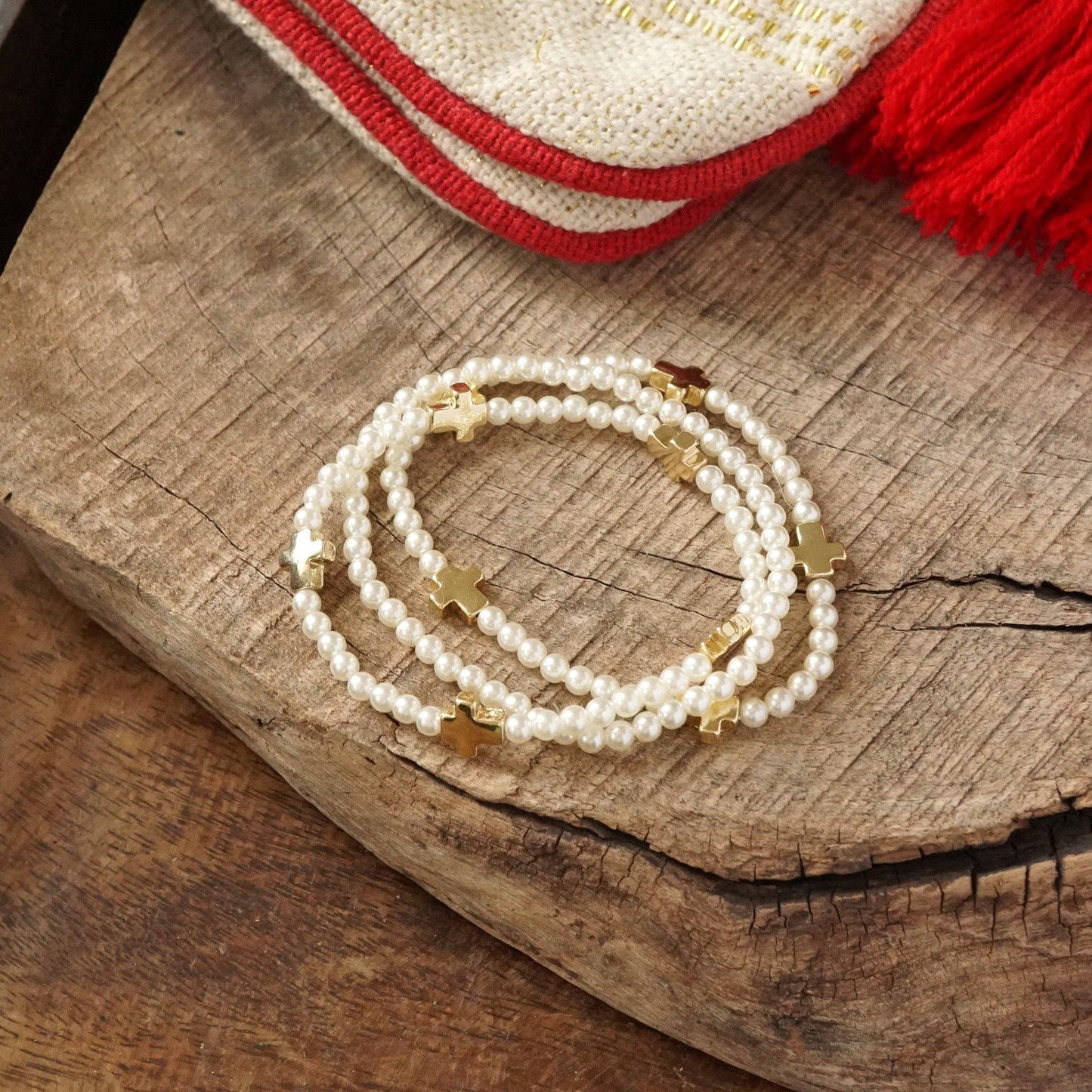 PennyLine inc - Mini Sideways Cross Bracelet stack Pearls and gold metal beads