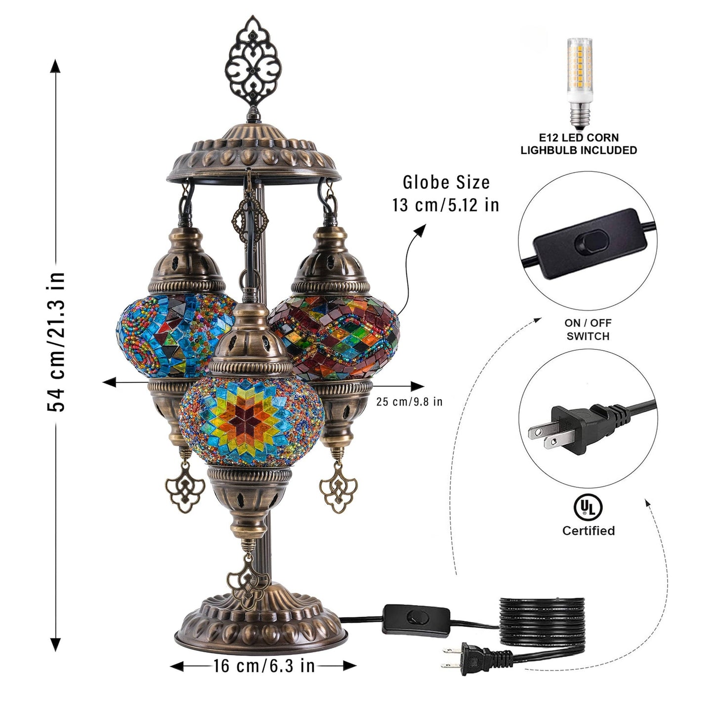 Mozaist LLC - 3-Globe Turkish Mosaic Table Lamp (Rainbow)