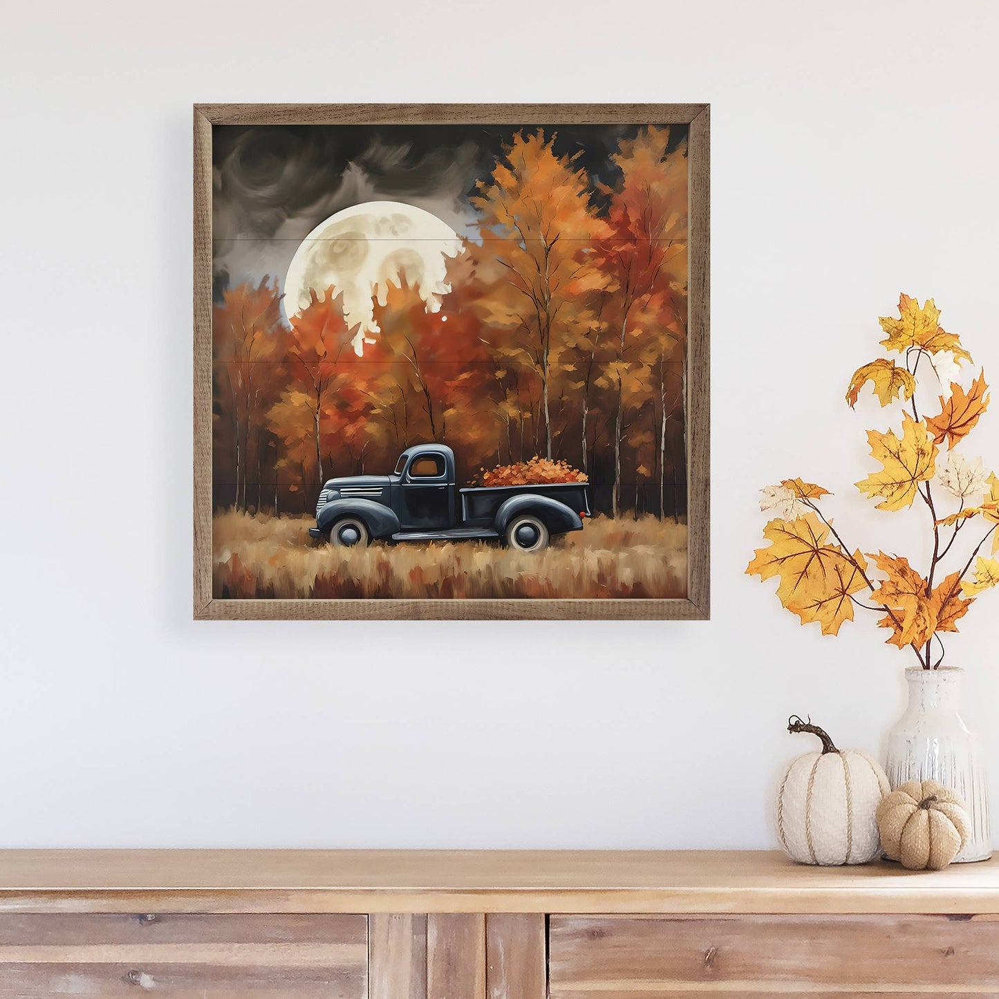 Kendrick Home - Black Truck With Fall Moon: 12 x 12 x 1.5