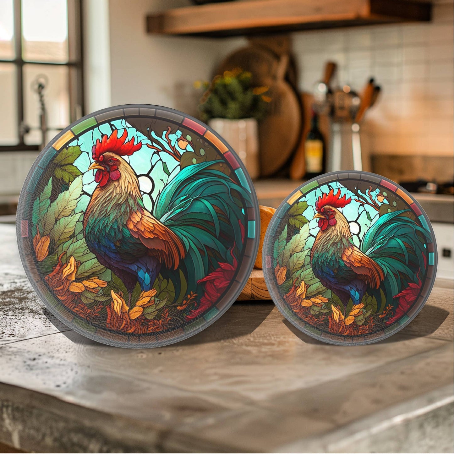 Fernville Creations - Rooster Tempered Glass Cutting & Serving Board: 12 Inch