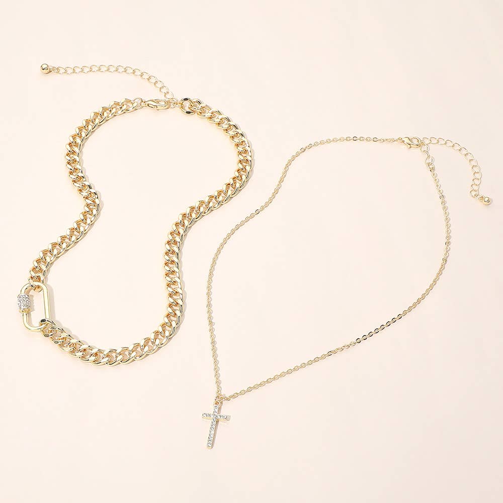 Sensibling Corp. - 2PCS - Gold Dipped Stone Pave Cross Pendant Carabiner Accent Chunky Chain Necklaces: Clear,Rhodium