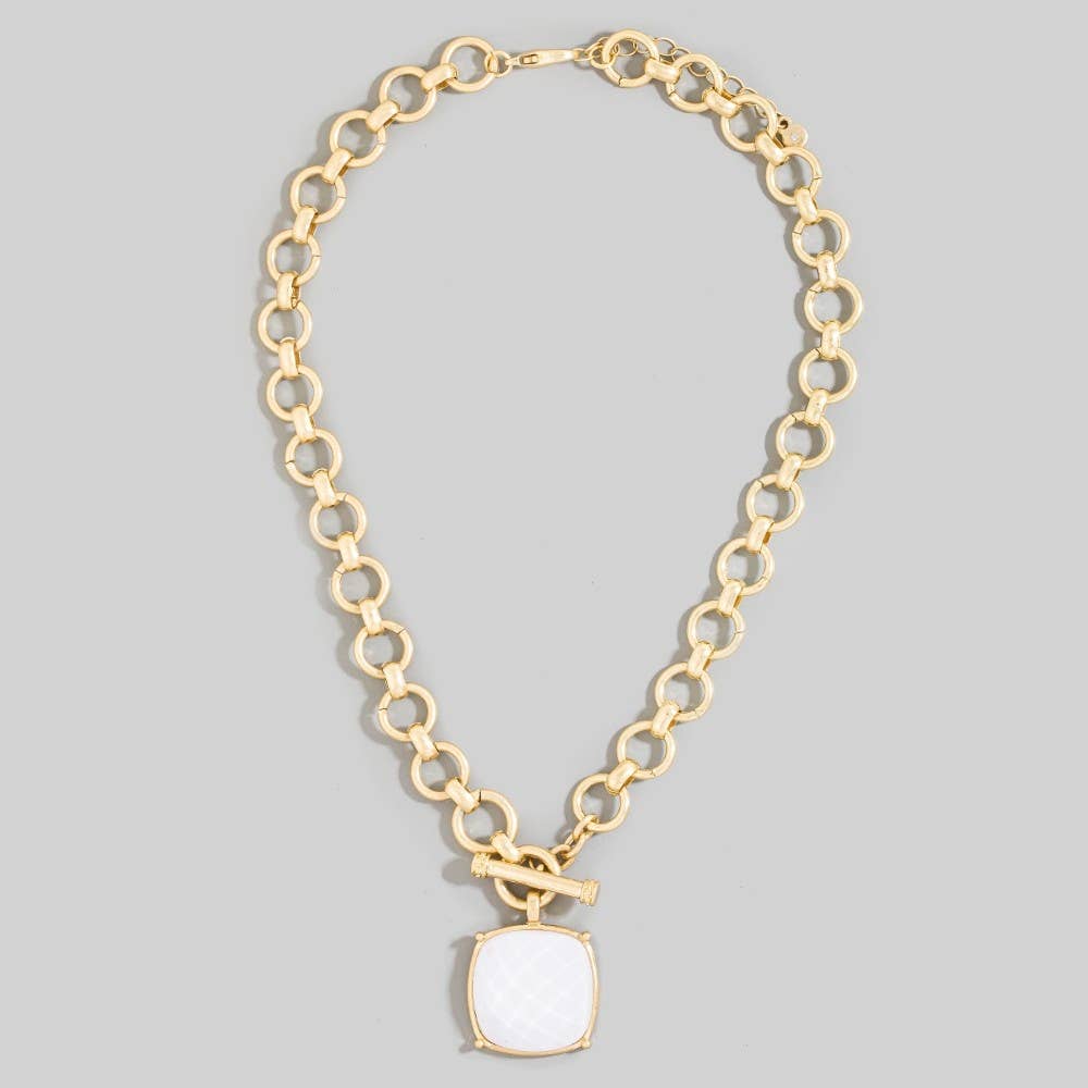 The Looks by Fame Accessories - Large Square Faceted Stone Pendant Toggle Chain Necklace: SNOW