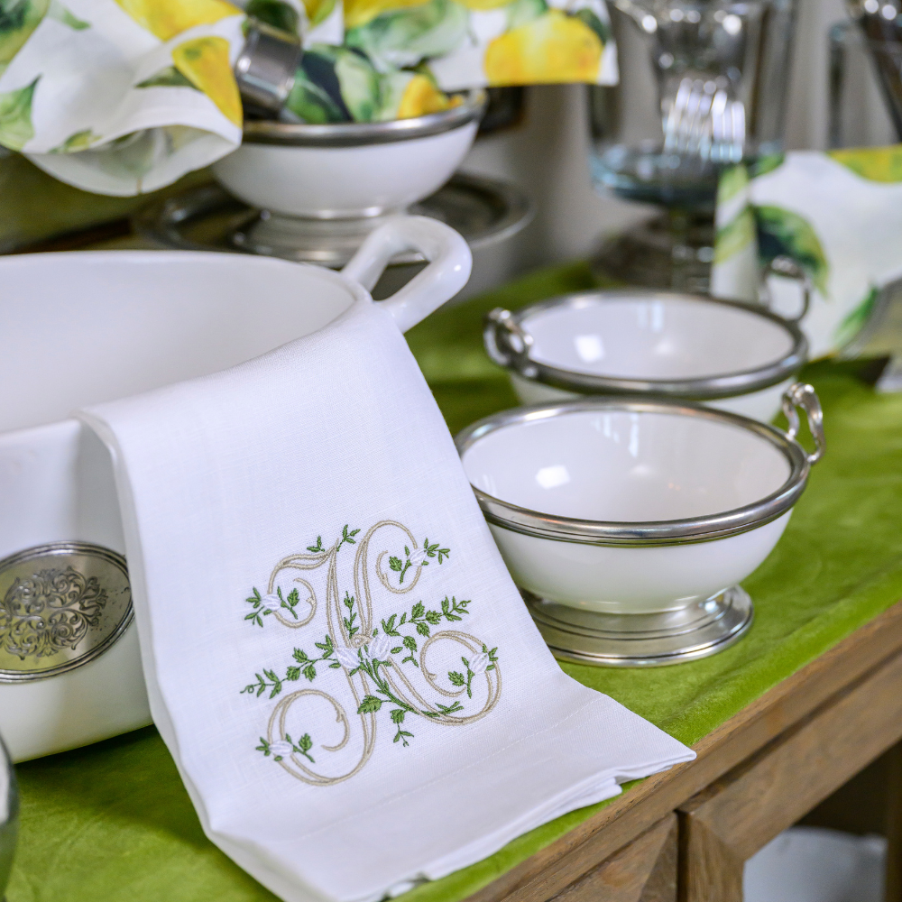 Arte Italica & Crown Linen Designs - Floral Monogram Linen Towel: V