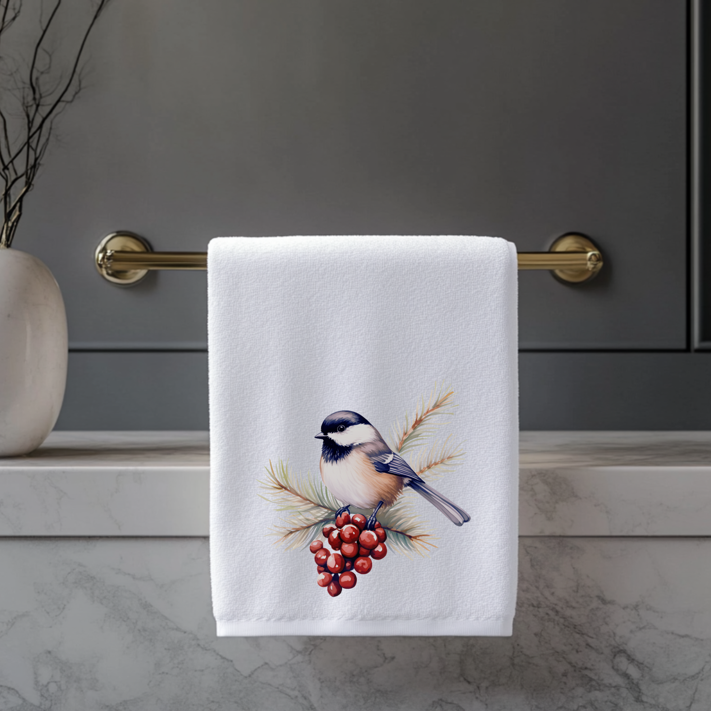 Fernville Creations - Elegant Chickadee & Greens Polyester/Cotton Fingertip Towel