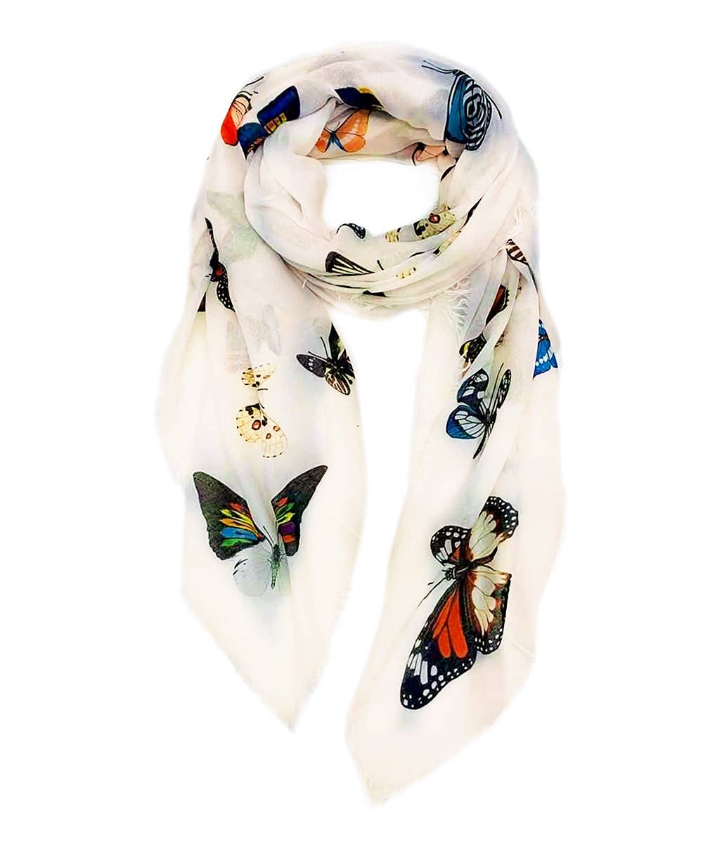 JC Sunny Fashion - White-Multi Butterfly Scarf