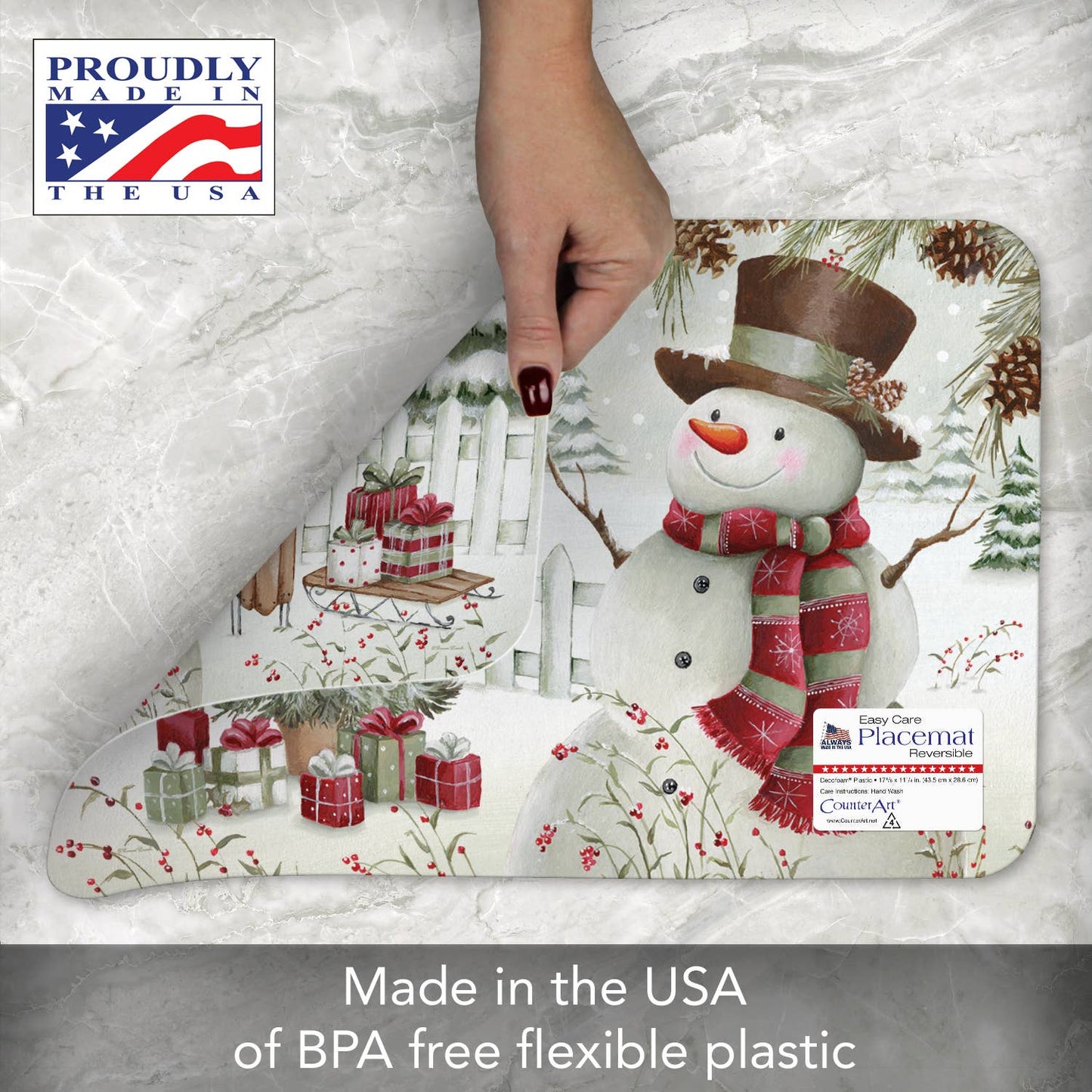 CounterArt/Highland Home/Thirstystone - Brown Hat Snowman Reversible Rectangular Plastic Placemat