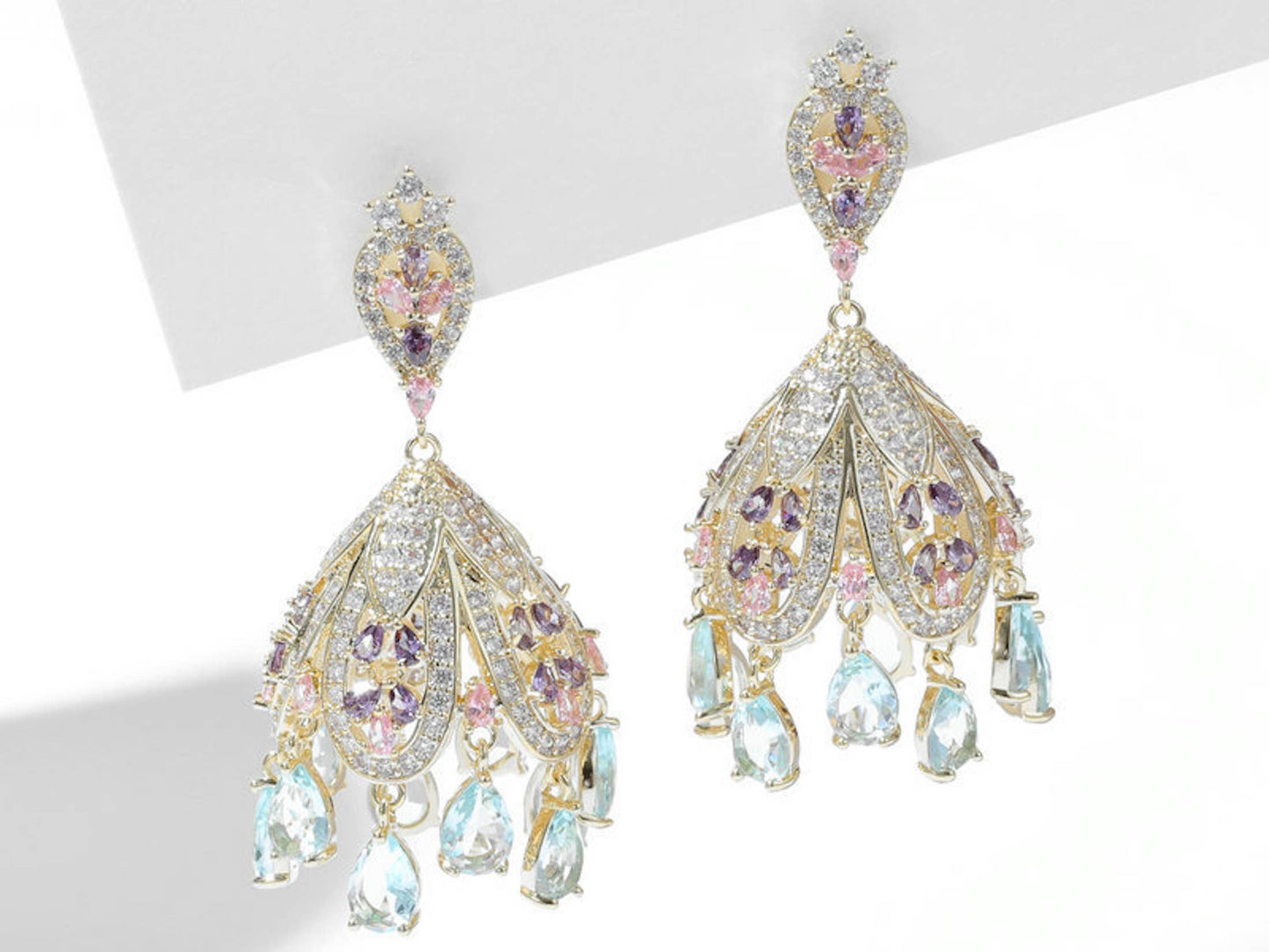 Cici’De Jewelry Amsterdam - Wind Bell-Inspired Royal French Palace Gold-Plated Zirconia: Light blue drop stones