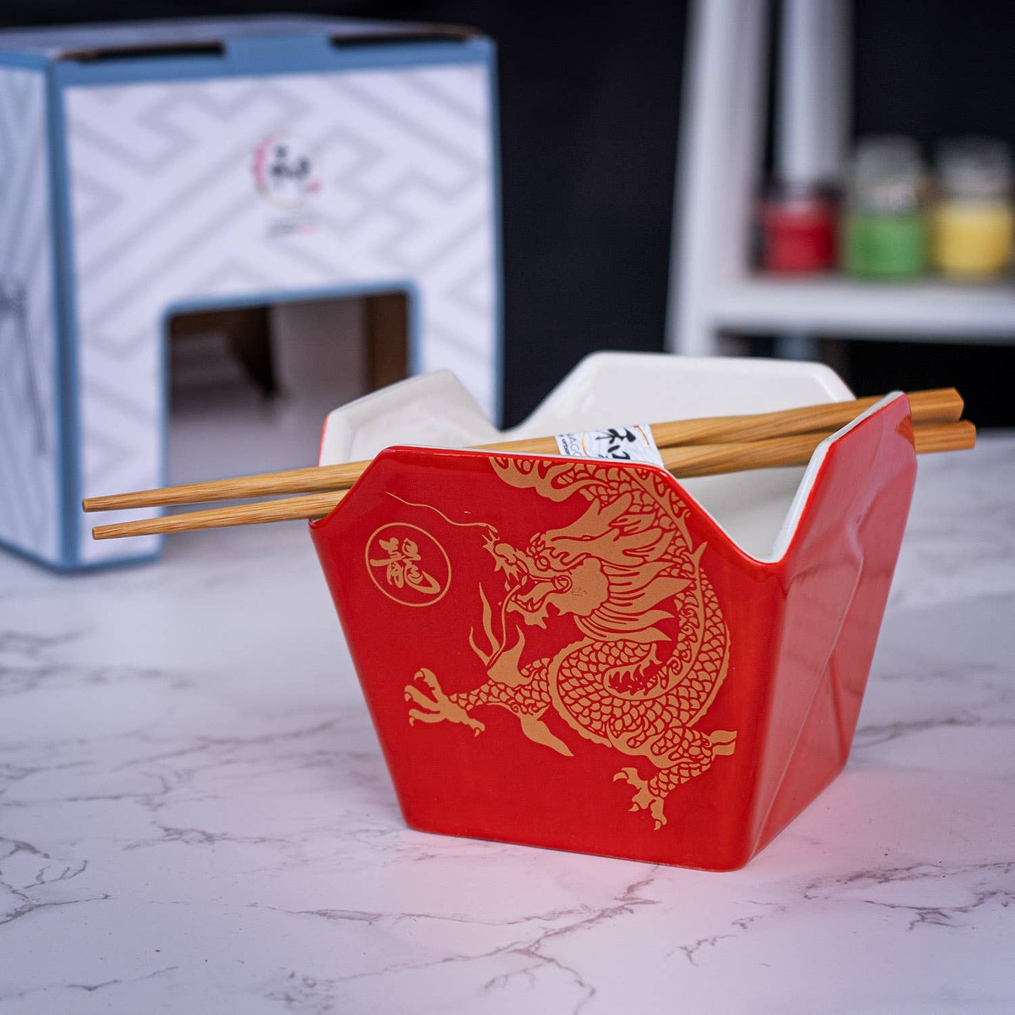 Urban Tokyo - 16oz 5"W x 4"H Takeout Box Serving Bowl With Chopsticks Dragon (1/24)