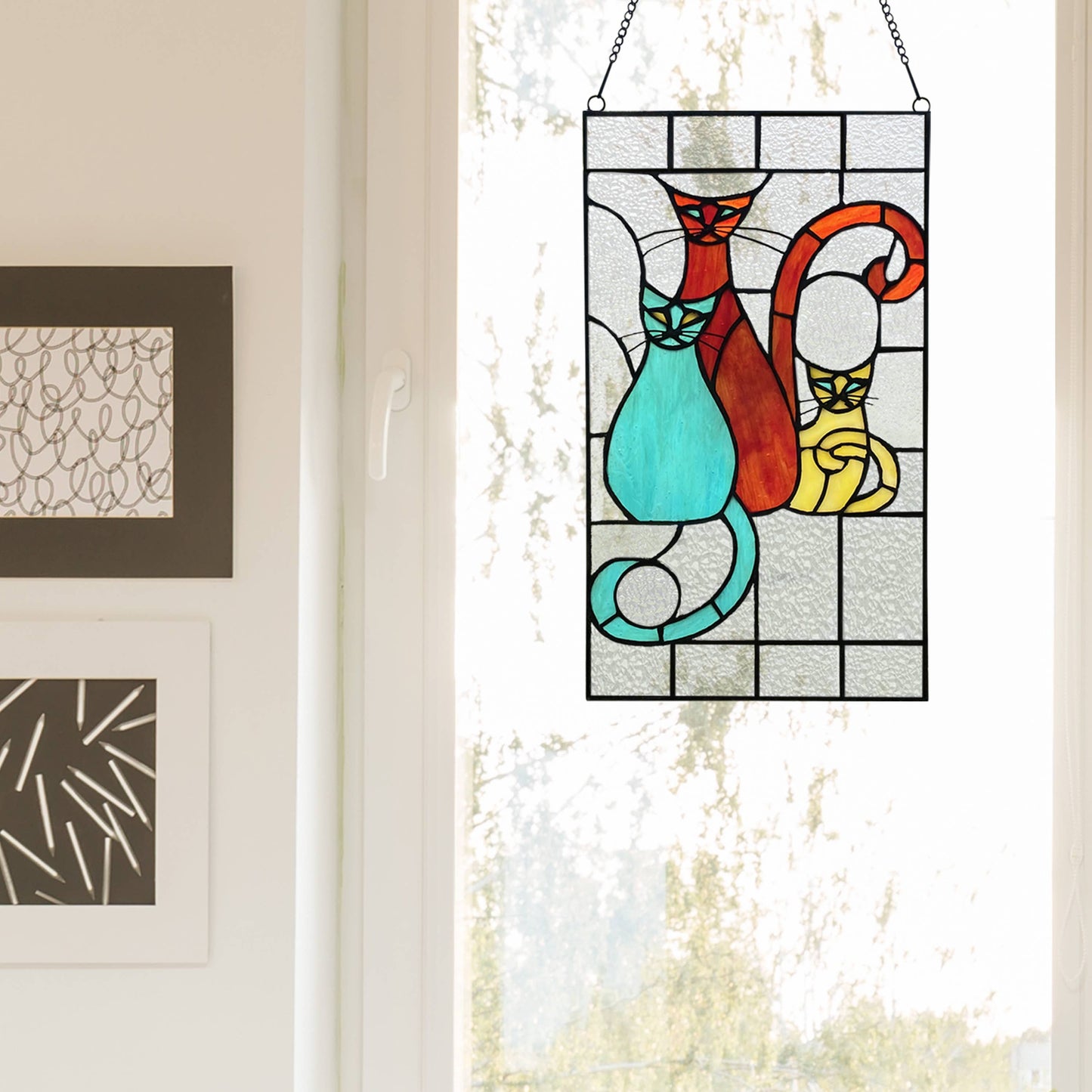 River of Goods - 14"H Coy Cats Trio Stained Glass Window Panel