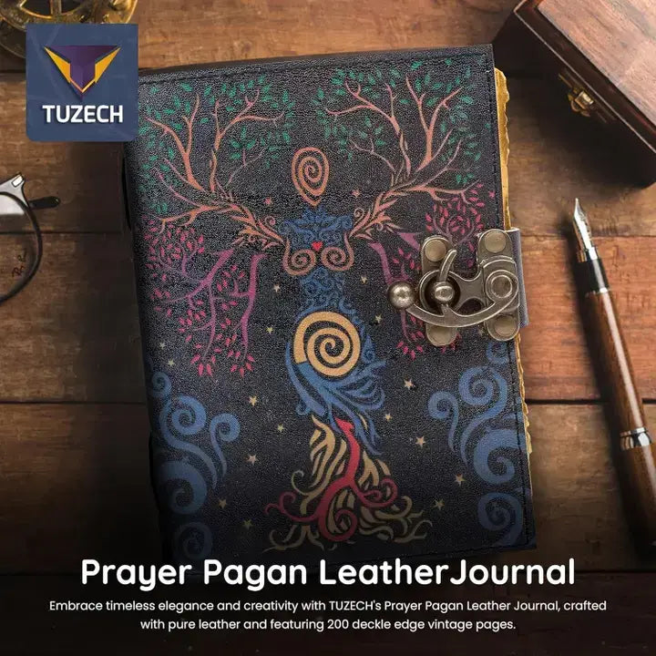 Tuzech Leather - Tree of Lady Leather Journal with Lock – Handmade Diary: 7 x 5 Inches / Green Lady