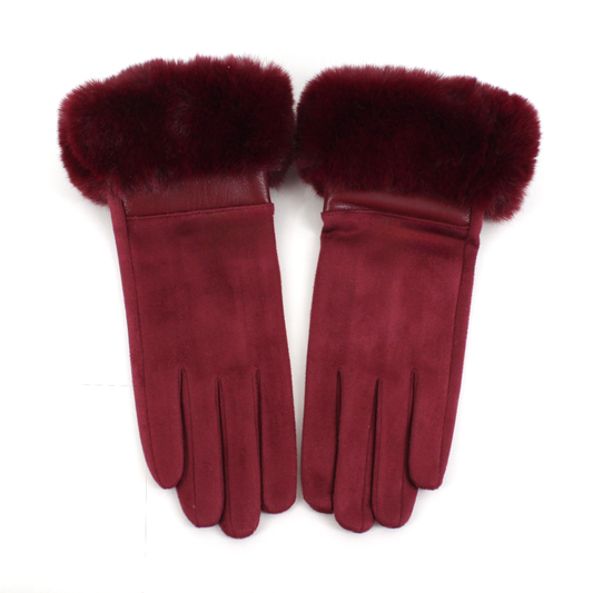 Pretty Persuasions - A25014 Suede-Like Gloves w/Faux Fur: 11 Wine
