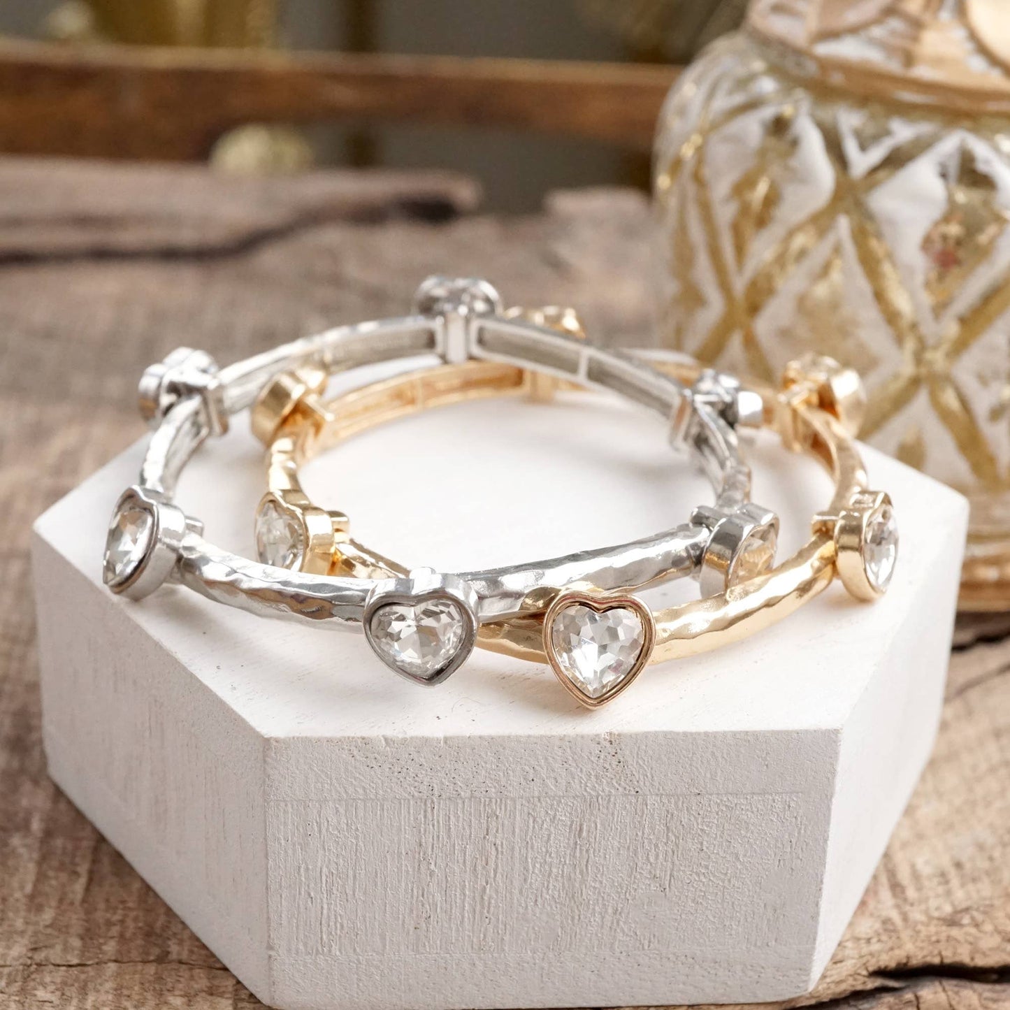 PennyLine inc - Heart Faceted Crystals Stretchy Stackable Station Bangles – Gold & Silver Tone: Gold Tone