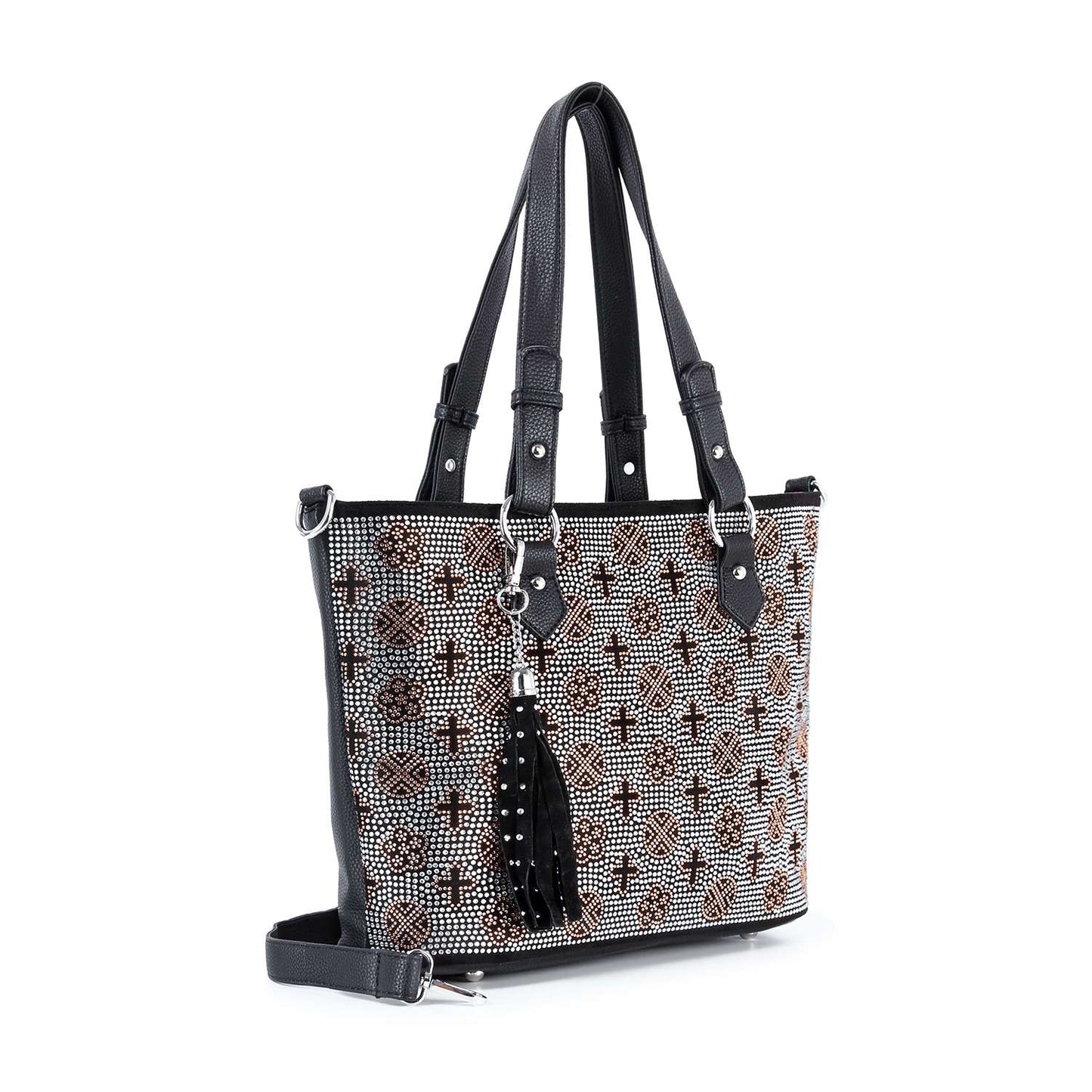 Handbag Express - Rhinestone Signature Print Classic Tote Bag: Black