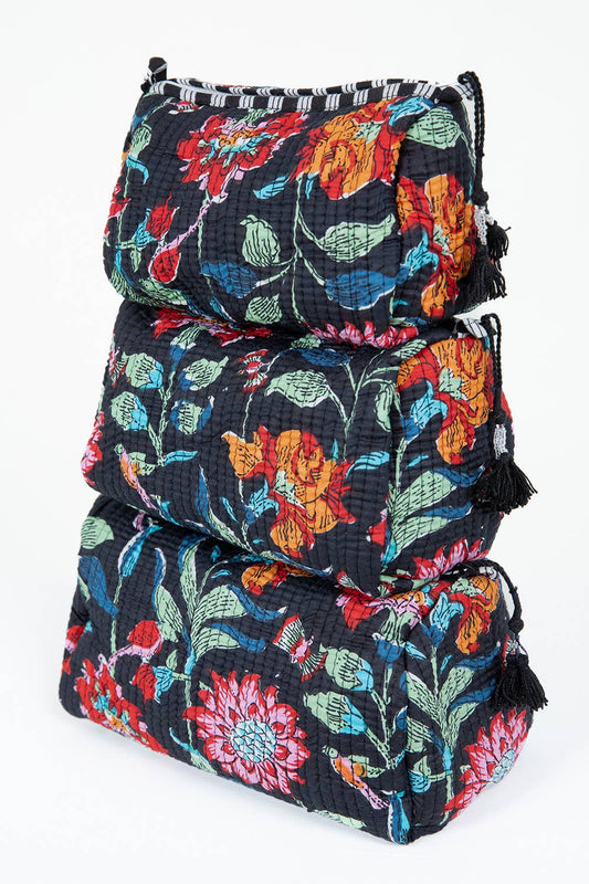 LA Soul - Black Floral print Quilted Cotton Toiletry Bag Set