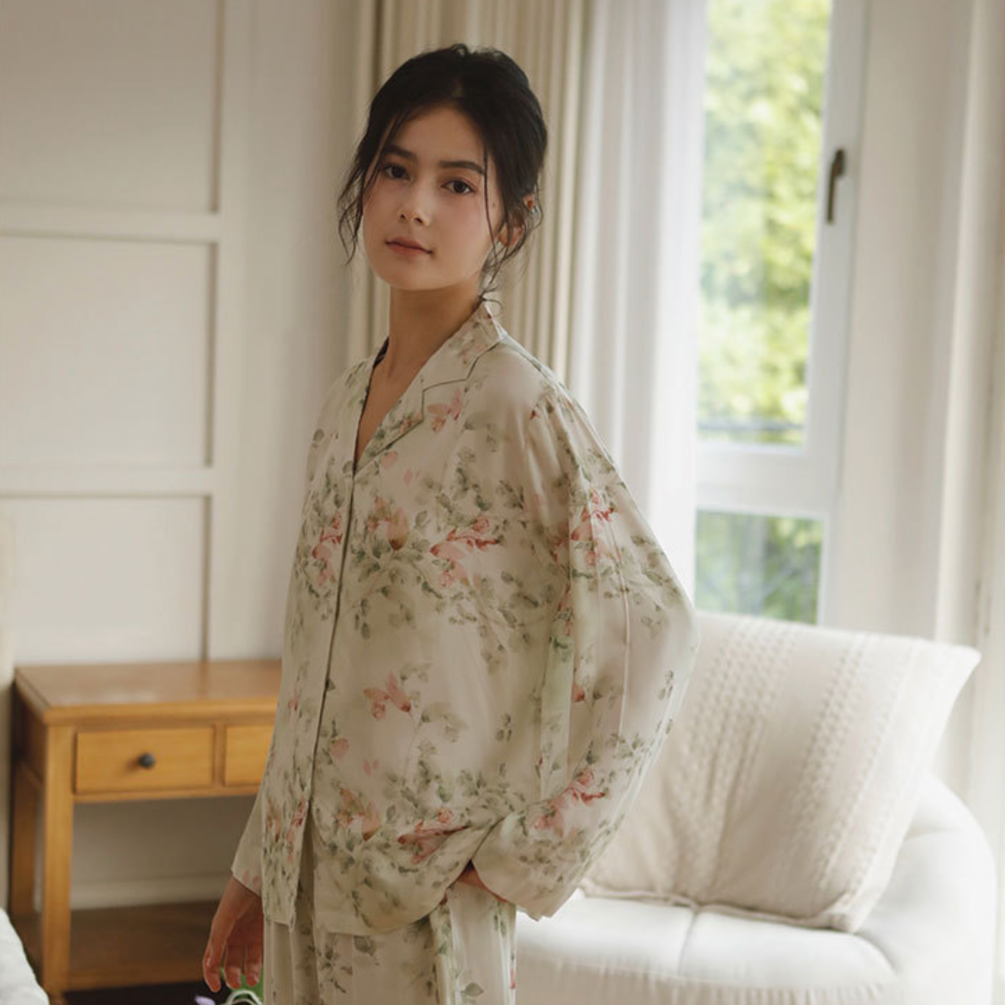 DrifWoo - Elegant Floral Long Sleeve Pajama Set – Soft & Breathable: Beige Rose / L