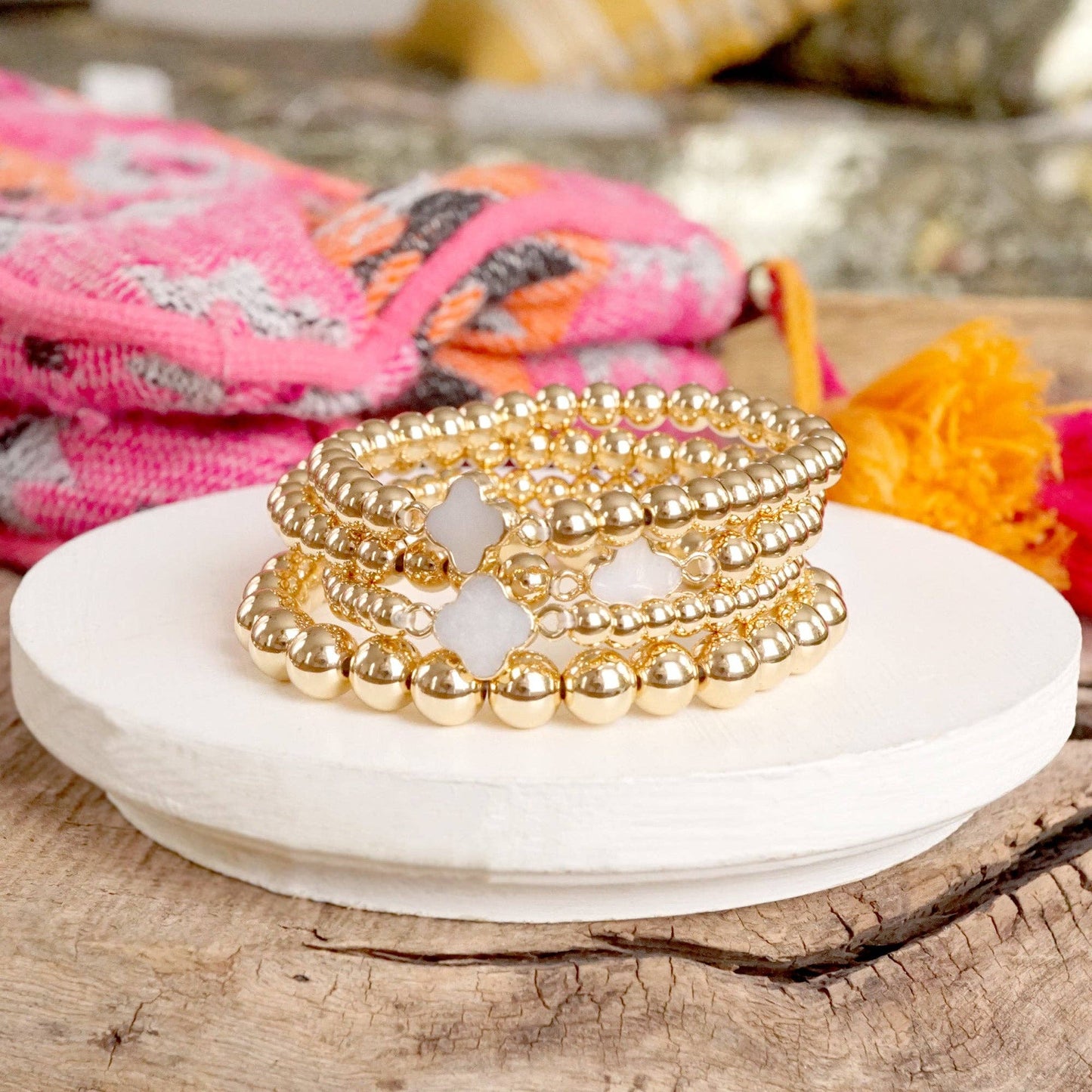 PennyLine inc - Clover Gold-Tone Ball Beads Bracelet Stack – Mother of Pearl Quatrefoil