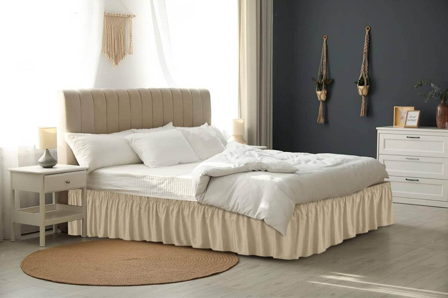 CGK Unlimited - Elastic Wrap-Around Dust Ruffled Bed Skirt- Pleated 15" Drop: White / King