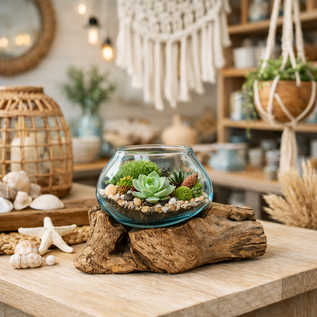 Asia West - Mini Glass Terrarium on Wood (approx. 6" x 5" x 5")