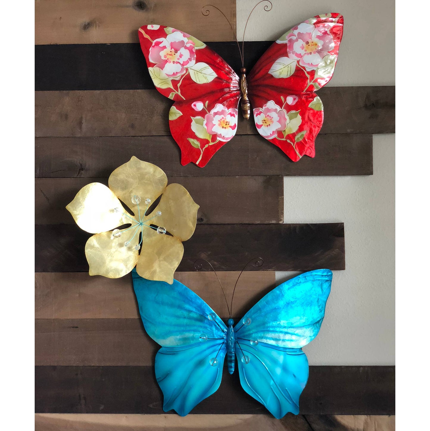 Eangee Home Design - Butterfly Wall Decor Red With Flowers, w/ Capiz-Outdoor Safe