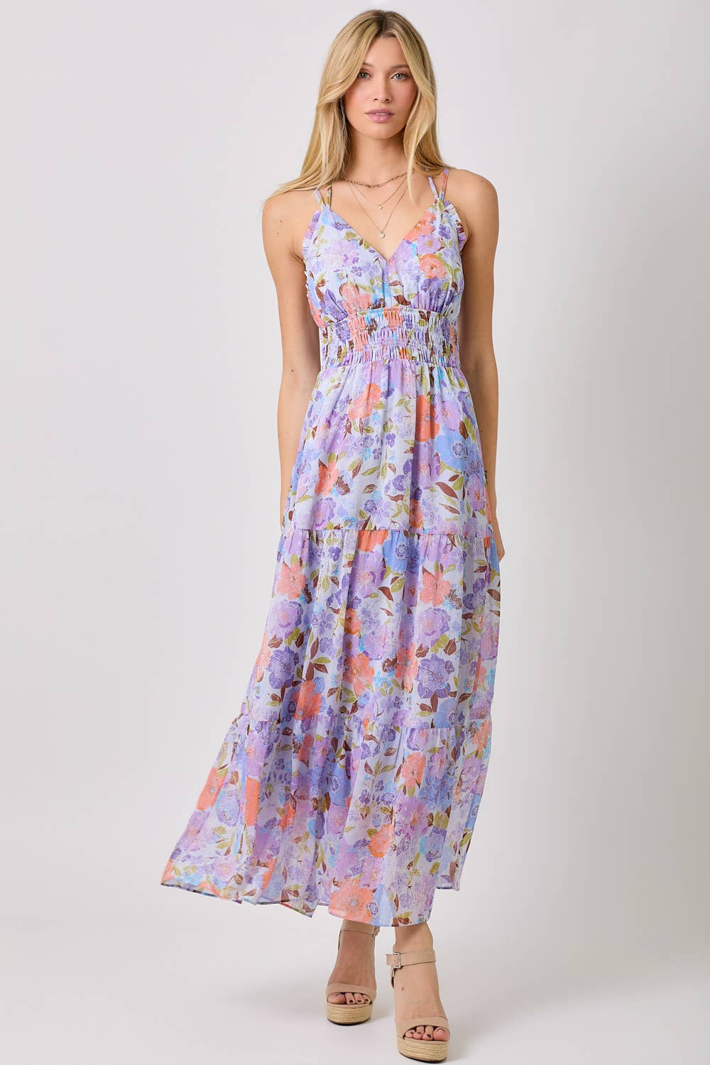 Mystree - 60487 Printed Long Tiered Dress : Lavender Mix / Large
