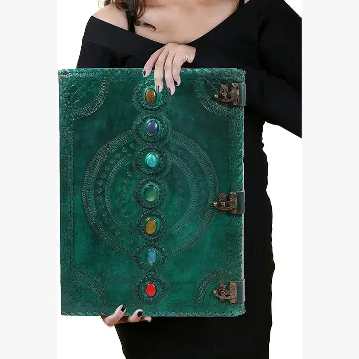 Tuzech Leather - Tuzech Handmade Vintage Seven Chakra Stone Embossed Diary: Brown / 10 x 7 inch / Unlined