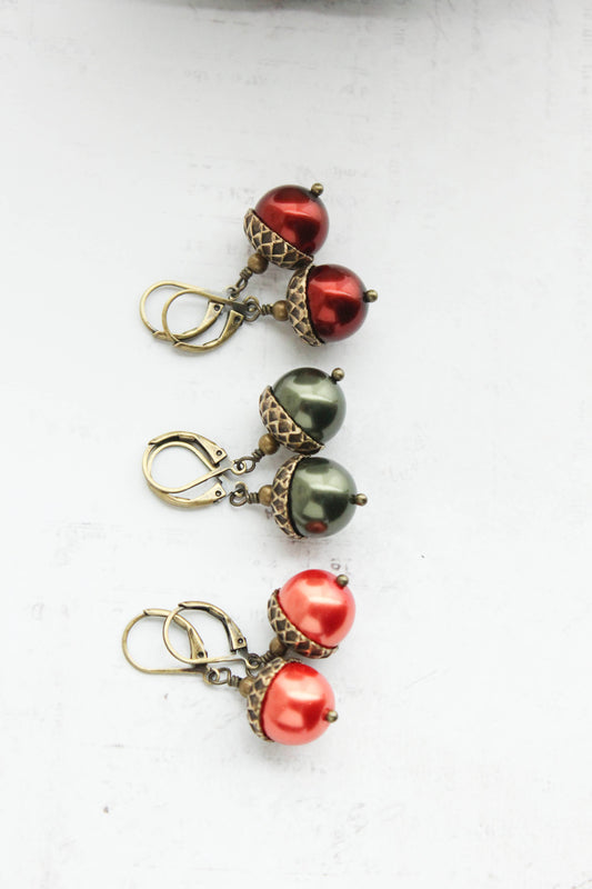 A Pocket of Posies - Pearl Acorn Earrings (21 Colors) - ANTIQUED BRASS: 1) Ivory Cream