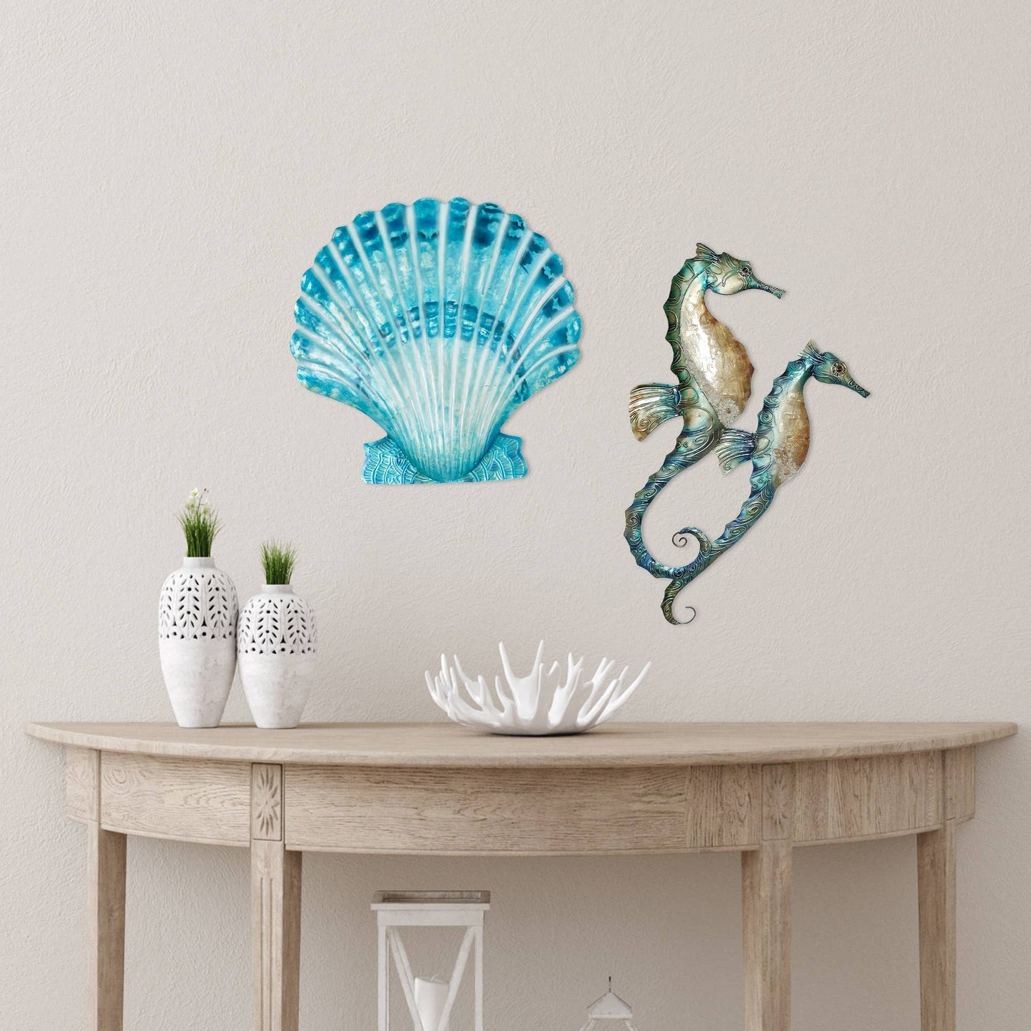 Eangee Home Design - Seahorse Duo Wall Decor Blue, Capiz & Metal, Outdoor Safe