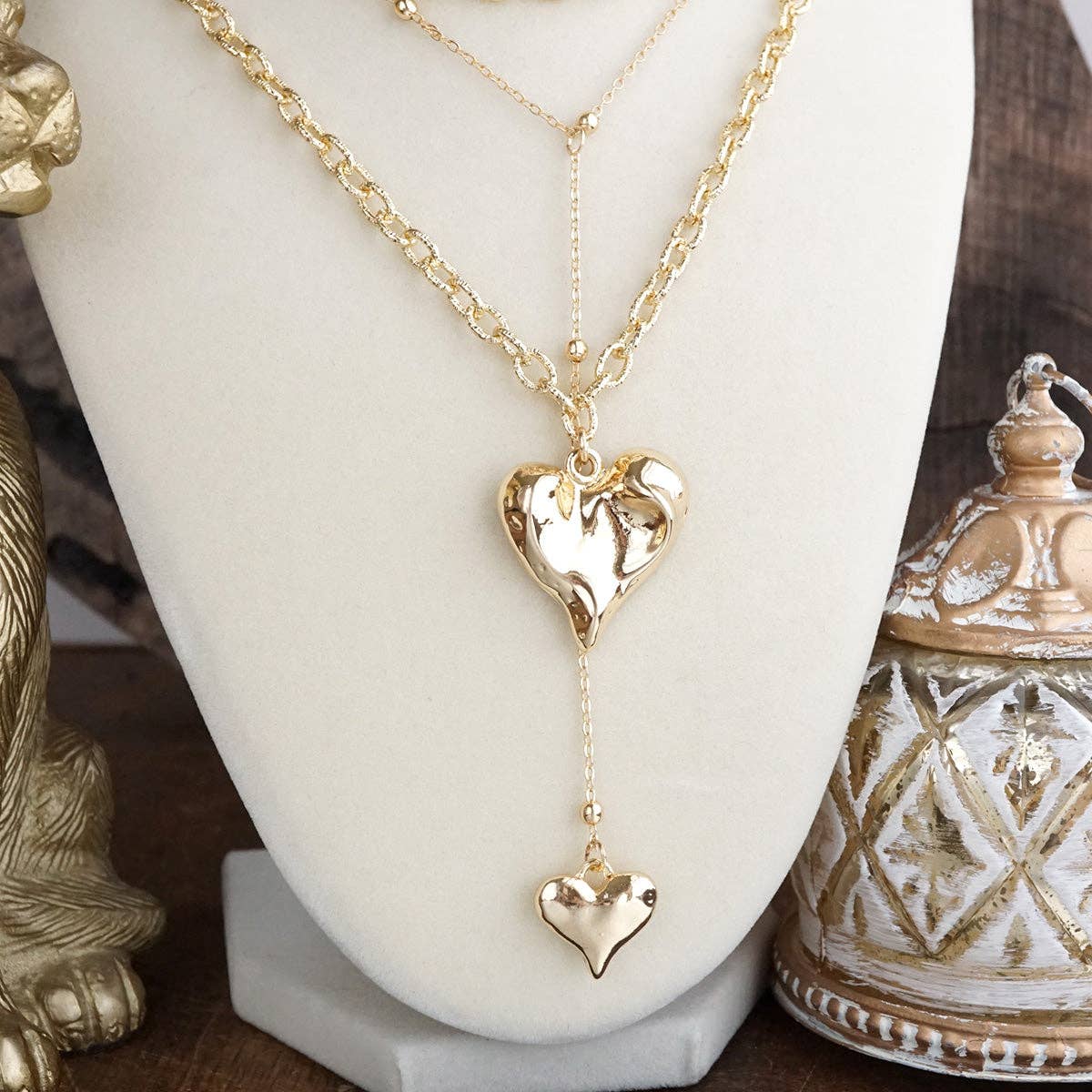 PennyLine inc - Flutter & Glow – Puffy Heart Lariat Layered Necklace in Gold