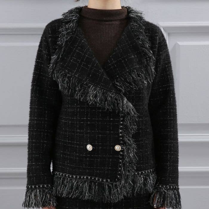 PEACH ACCESSORIES - Classic Tweed Cardigan with Fringe SD196 : Black