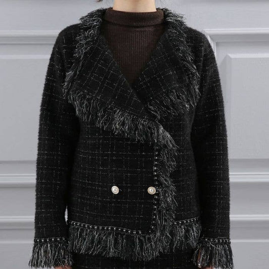 PEACH ACCESSORIES - Classic Tweed Cardigan with Fringe SD196 : Black