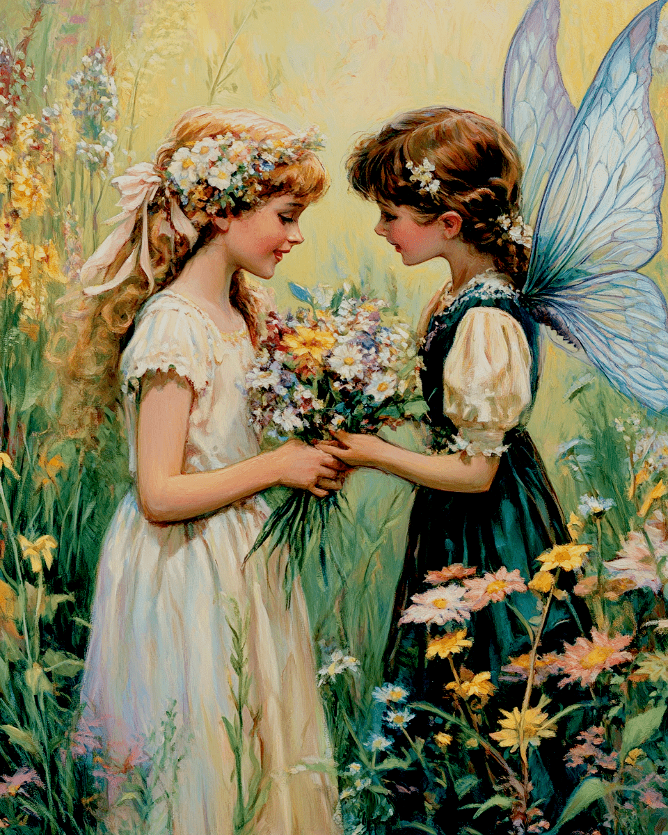 Mowbi - A Bouquet from a Fairy Friend - Fairies Wall Art Prints – 8″x10″ Artwork for 11″x14″ Frame