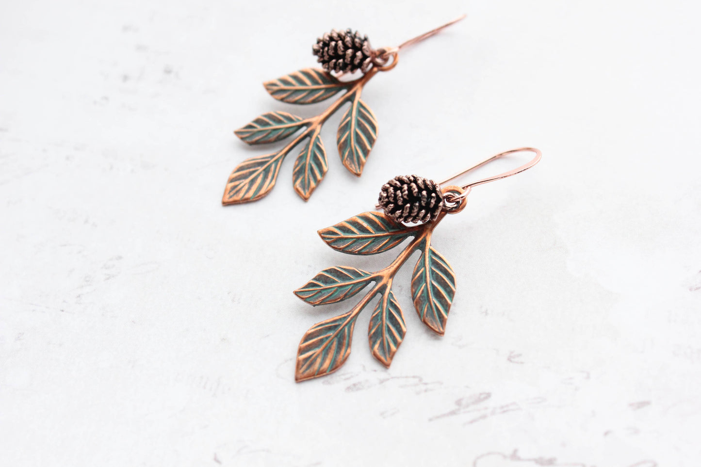 A Pocket of Posies - Branch and Pine Cone Earrings -Blush Mint Copper Patina