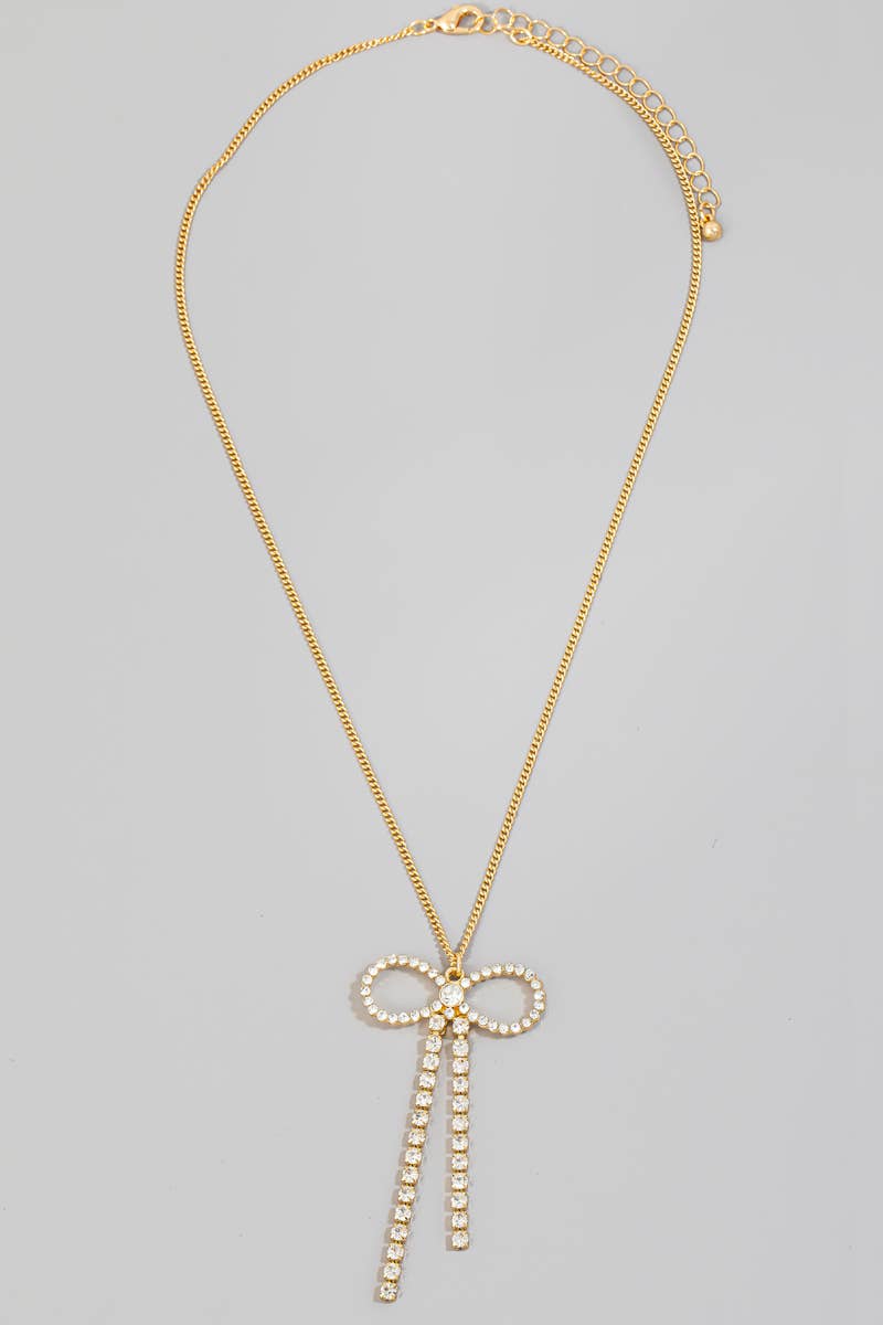 The Looks by Fame Accessories - Rhinestone Ribbon Bow Pendant Chain Necklace: GDCR