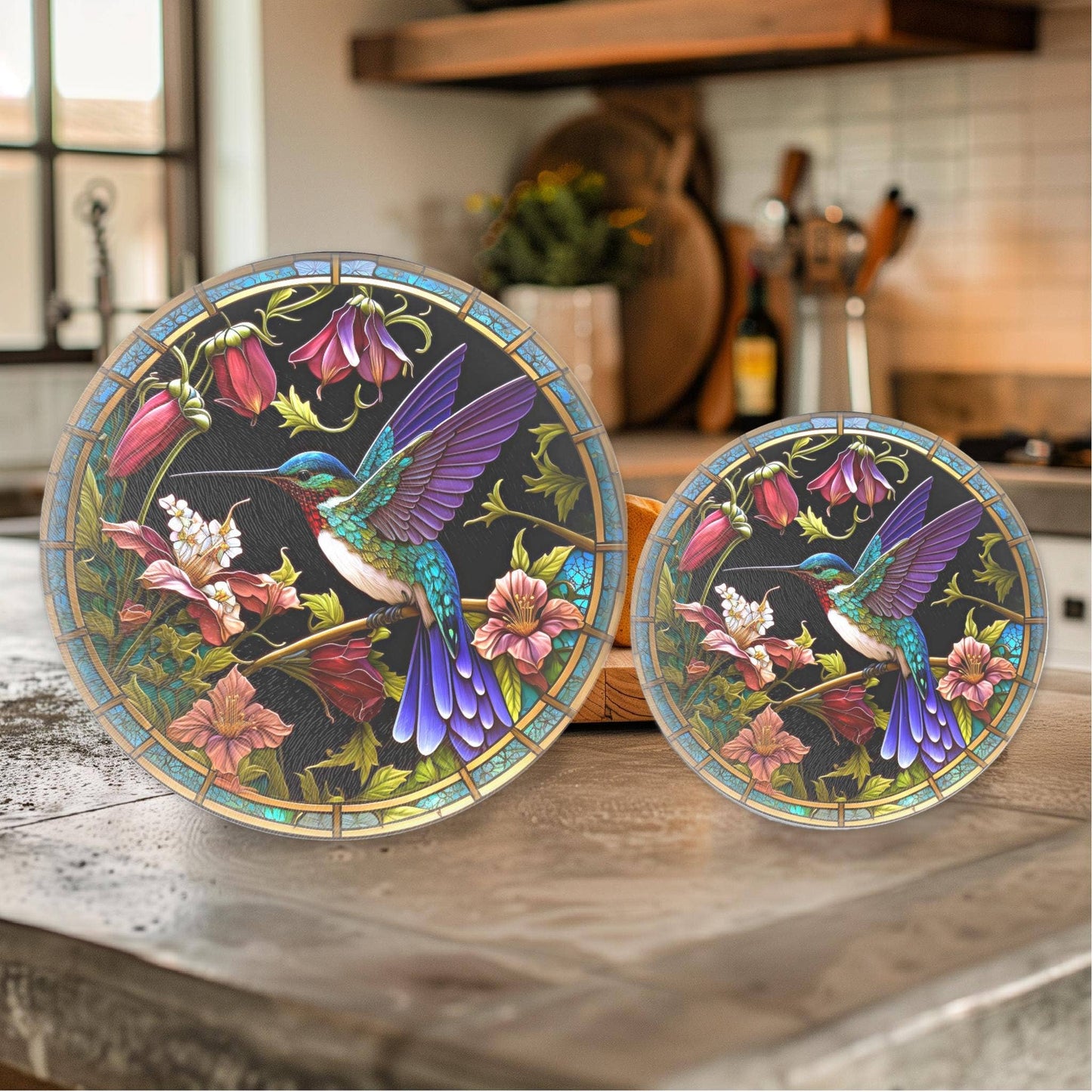 Fernville Creations - Hummingbird Tempered Glass Cutting & Charcuterie Board: 12 Inch