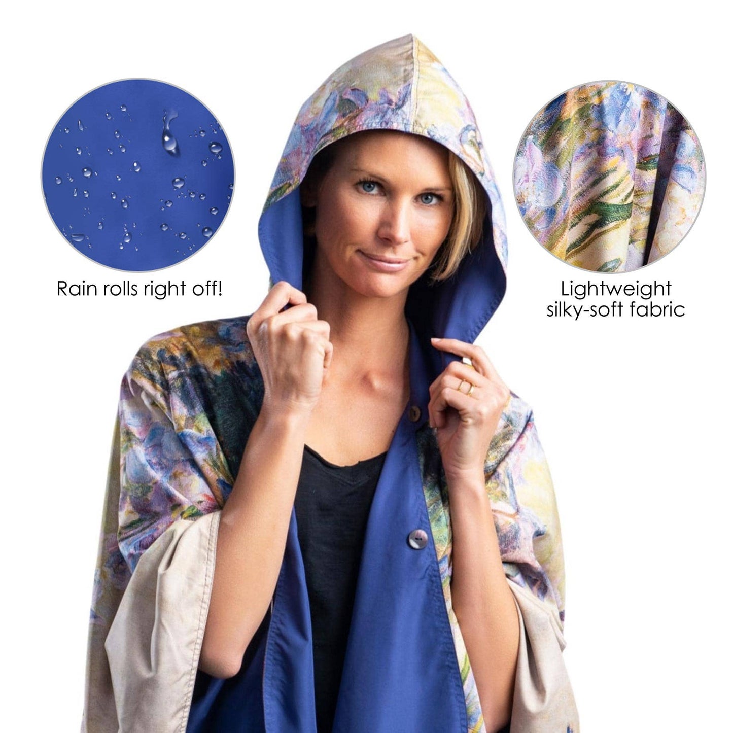 RainCaper - Tiffany Peonies & Iris Reversible Rain Cape – Lightweight Hooded Wrap for Women