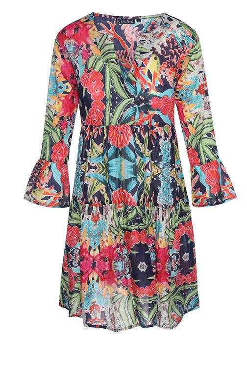 KikiSol - Navy Tropical Ruffle Dress: Small