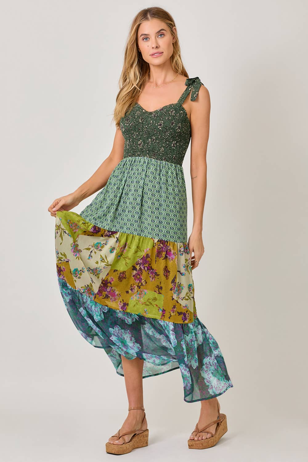 Mystree - 61078 Strap Tied Smocked Top Tiered Long Dress : Emerald Mix / Large