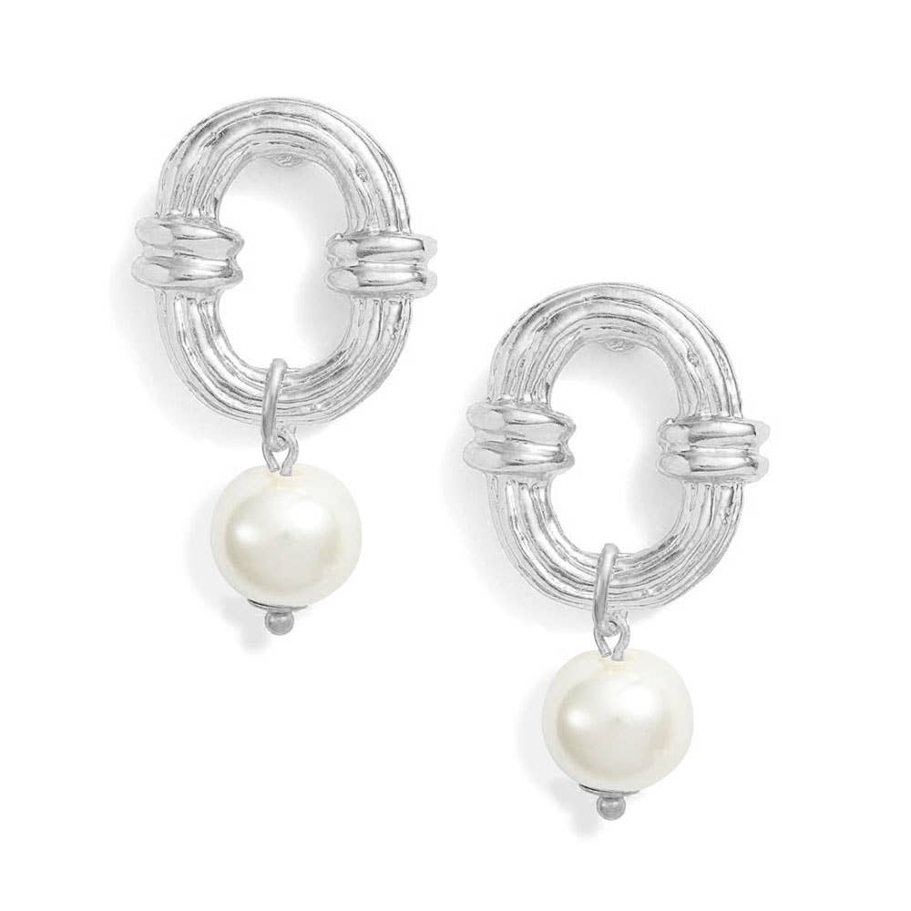 KARINE SULTAN - Ornamented link with creamy white genuine fresh pearl drop: Silver